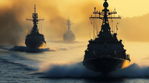 Armada of Warships in Golden Sunset