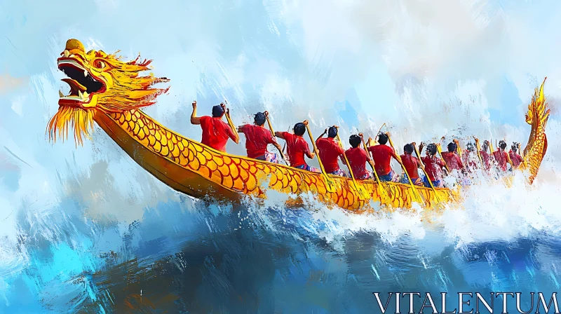 Team Rowing in Traditional Dragon Boat AI Image