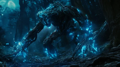 Mystical Forest Entity with Glowing Blue Lights