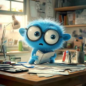 Surprised Blue Cartoon Character in Office Environment