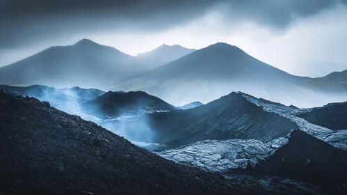 Enigmatic Volcanic Peaks in Foggy Atmosphere