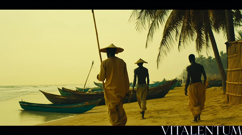 Fishermen Strolling Along a Tropical Beach AI Image