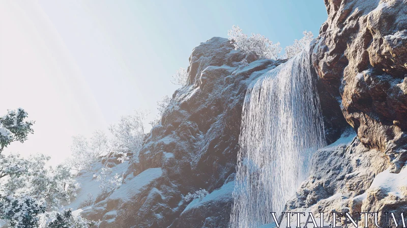 AI ART Peaceful Waterfall Amidst Snow-Capped Rocky Terrain