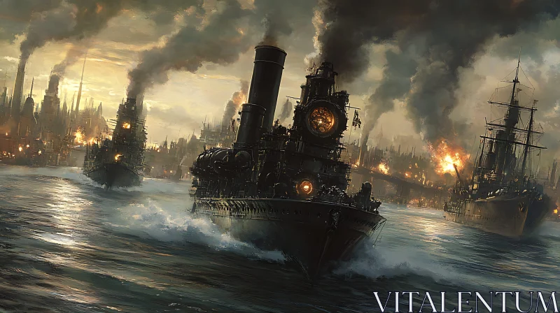 AI ART Battle of Steampunk Warships in Industrial Waters