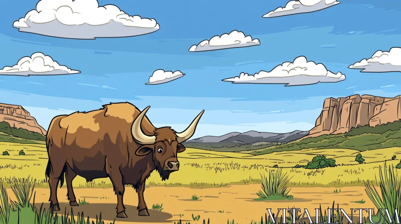 Illustrated Bull in Scenic Landscape AI Image