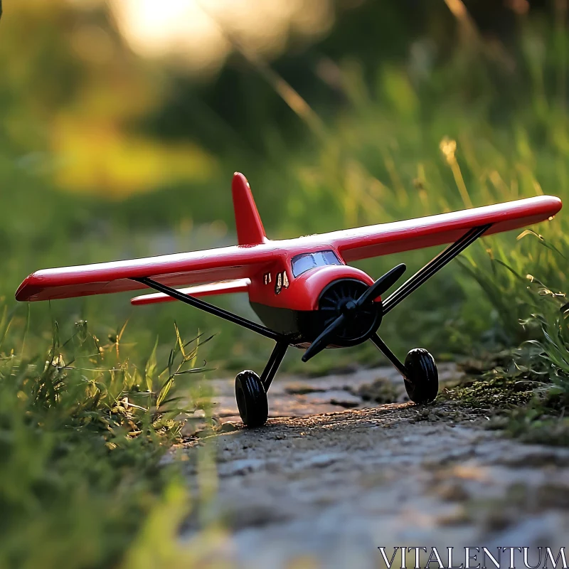 Miniature Red Plane on Natural Pathway AI Image