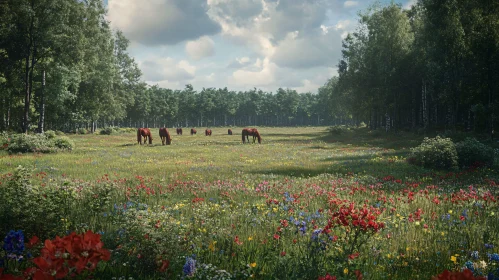 Peaceful Meadow Scene with Horses and Flowers