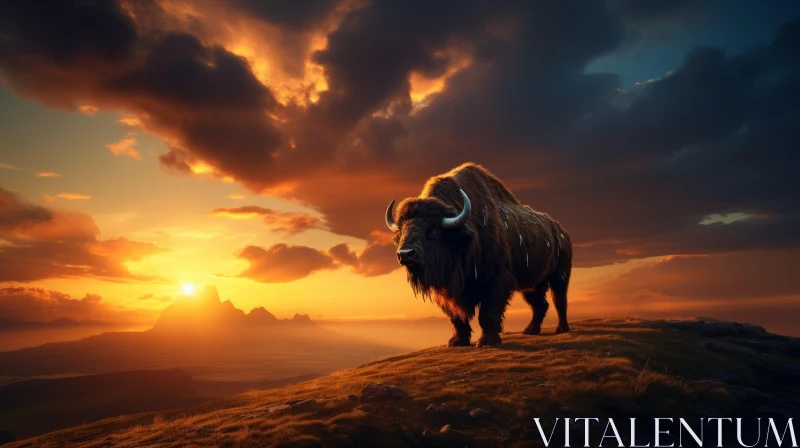Majestic Bison against Sunset: A Blend of Realism and Fantasy AI Image