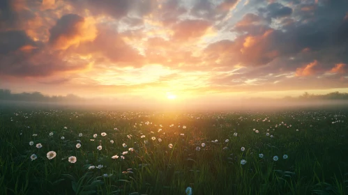 Misty Evening with Blooming Dandelions