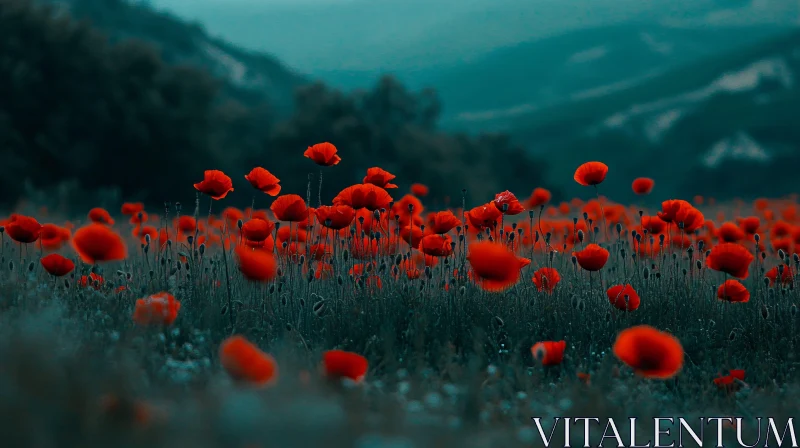 Serene Landscape of Poppies and Hills AI Image