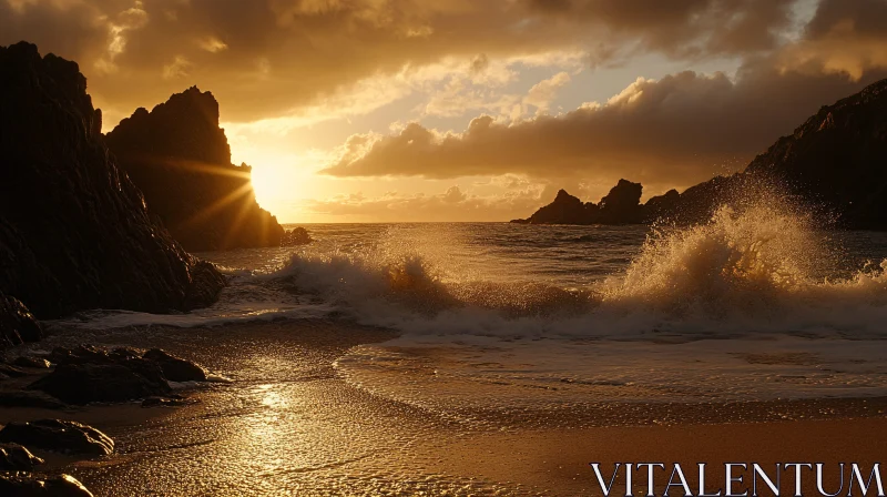 Golden Sunset over Rocky Beach with Waves AI Image