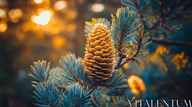 AI ART Serene Pine Cone on Tree Branch in Warm Light