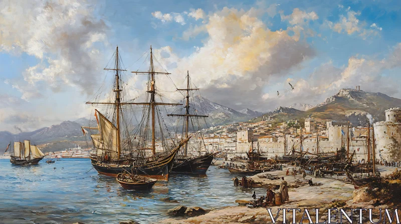 Bustling Harbor with Sailboats and Mountainous Backdrop AI Image