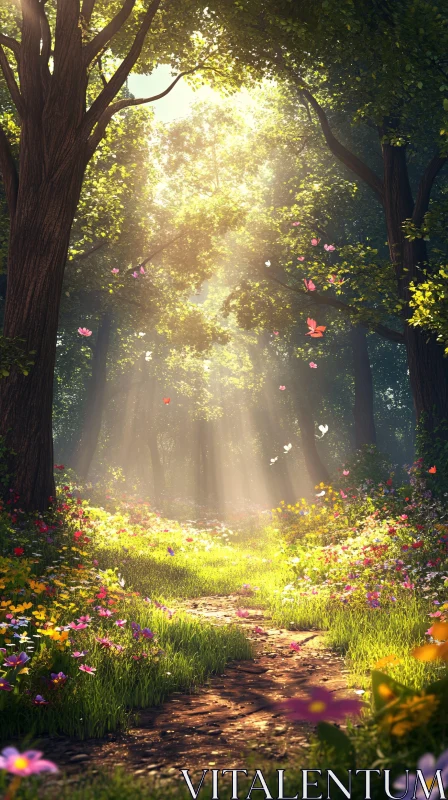 AI ART Sunlit Path in a Lush Forest with Butterflies