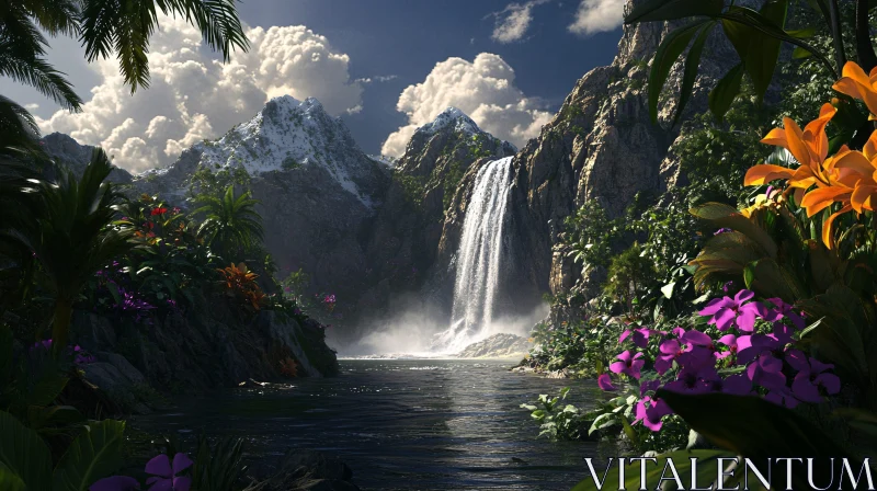 AI ART Mountain Waterfall and Floral Paradise