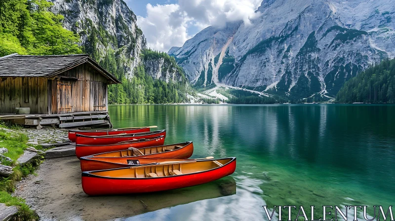 Peaceful Lakeside Cabin with Red Canoes AI Image