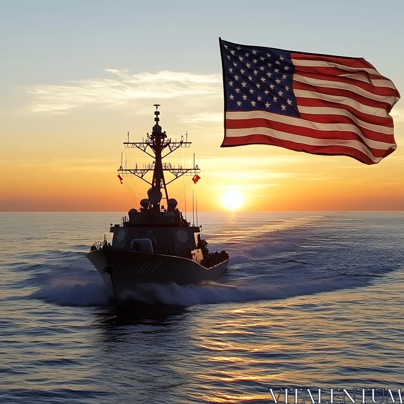 Ship at Sunset with American Flag Waving AI Image