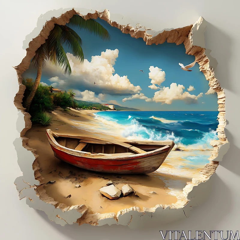 Dimensional Beach Scene with Red Boat AI Image