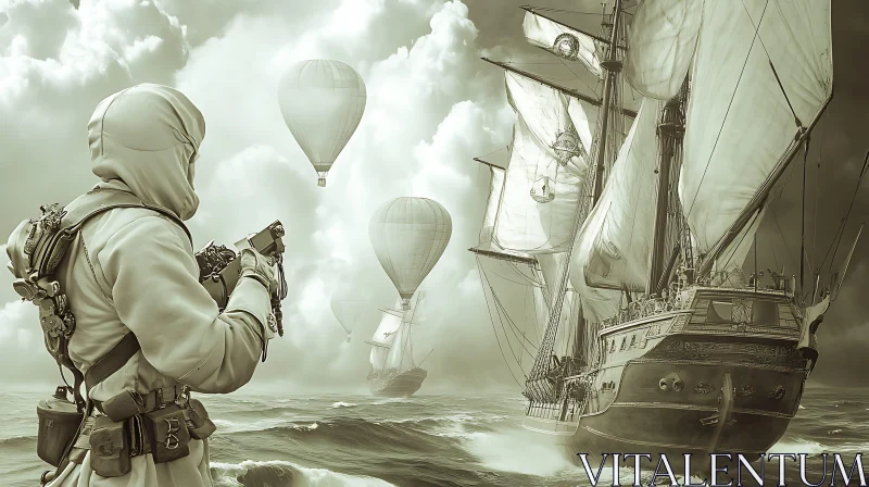 AI ART Sailor amidst Steampunk Fantasy with Air Balloons and Sailing Ship