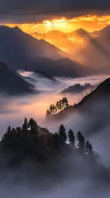 Golden Sun Rays Over Foggy Mountain Range