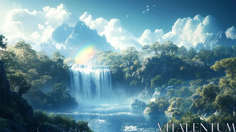 AI ART Scenic Waterfall and Mountainscape with Rainbow and Birds