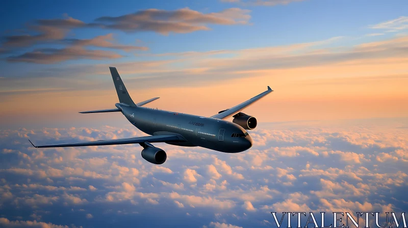 Aircraft Flying Over Serene Sunset Skies AI Image