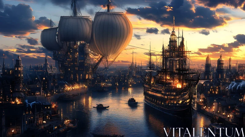 Skyships Over a Steampunk Harbor AI Image