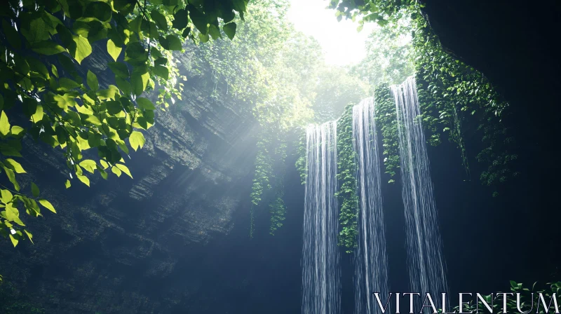 AI ART Waterfall Serenity in Nature's Green Cave