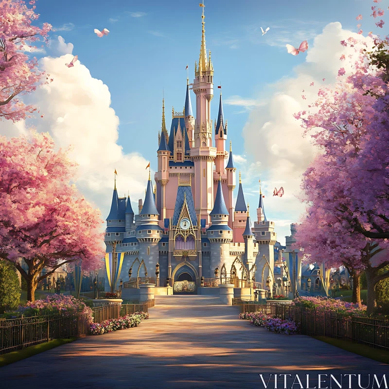 Enchanting Castle Surrounded by Cherry Blossoms AI Image