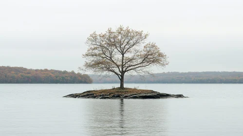 Isolated Tree on a Rock Island in Fall