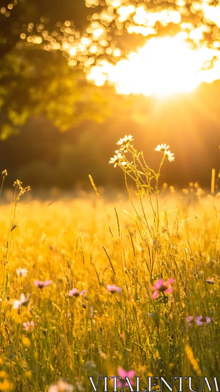 AI ART Sunset Meadow with Wildflowers and Golden Light