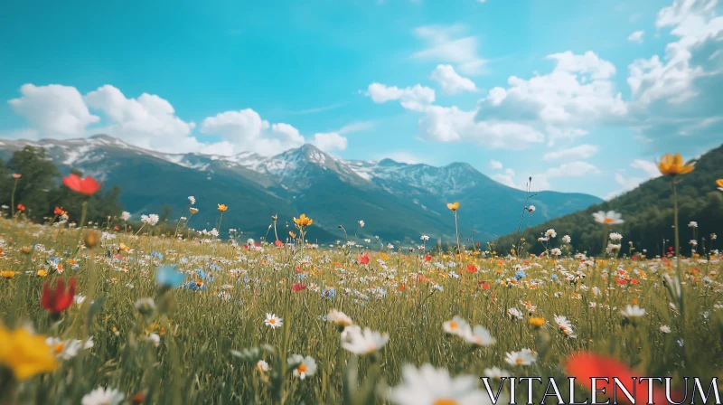 Scenic Meadow Flowers with Mountain Background AI Image