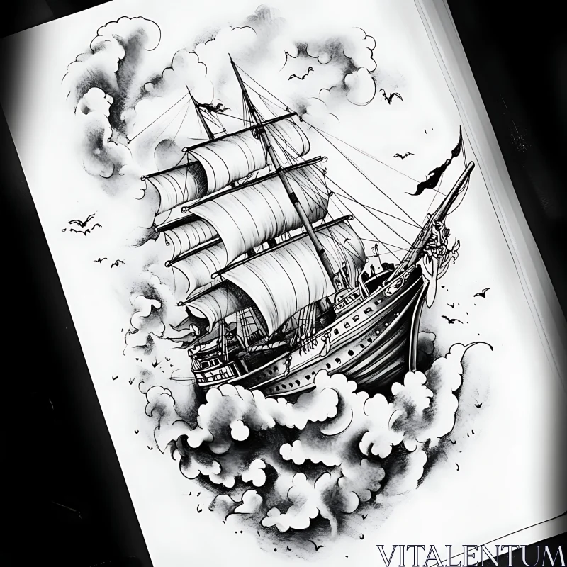 Sailing Ship in Clouds Art AI Image