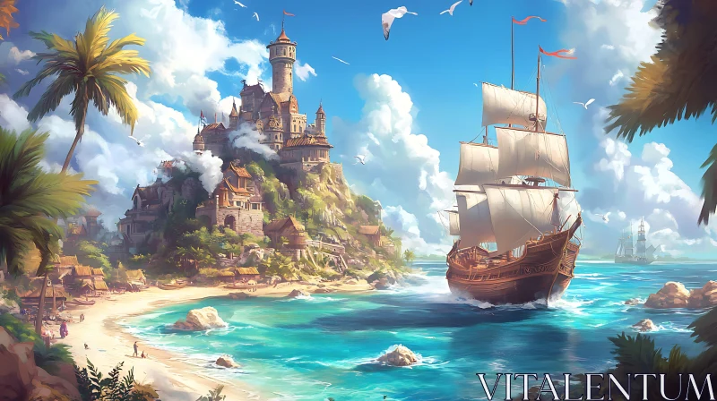 Sailing Ship Near Castle Beach AI Image