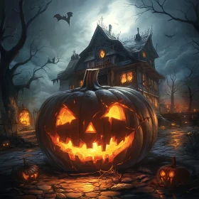 Eerie Halloween Scene with Sinister Pumpkin and Haunted Mansion