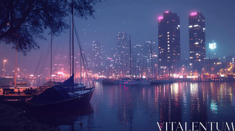 Serenity at the Harbor: A Nighttime View of City Lights AI Image