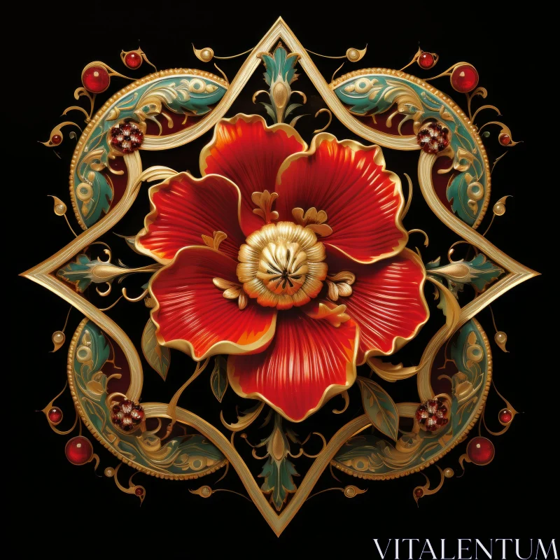 Ornate Red and Gold Flower Illustration AI Image
