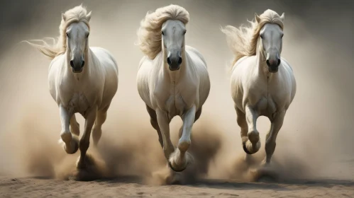 Three White Horses Sprinting Across a Dusty Field - Baroque Influenced Artwork