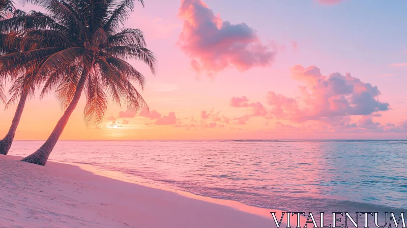 Tropical Beach During a Pink Sunset AI Image