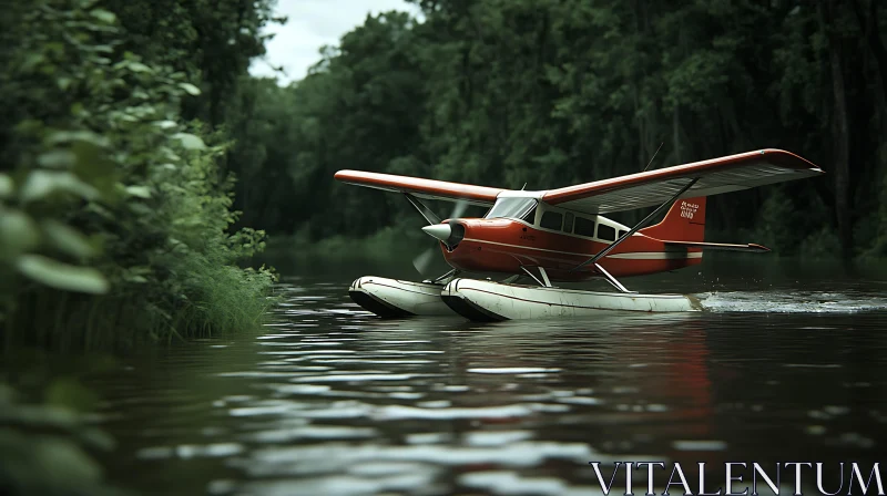 Tranquil Setting of a Red Seaplane on Water AI Image