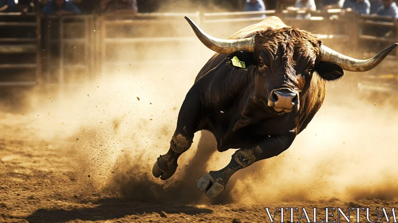 Intense Charging Bull in Dusty Rodeo Arena AI Image