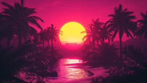 Tropical Twilight with Majestic Sun and Palm Trees