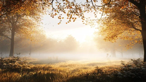 Peaceful Autumn Forest with Sun Rays and Mist