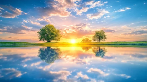 Tranquil Sunset Over Lake with Tree Reflections