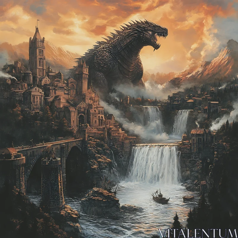 Medieval Town Terrorized by Giant Dragon AI Image