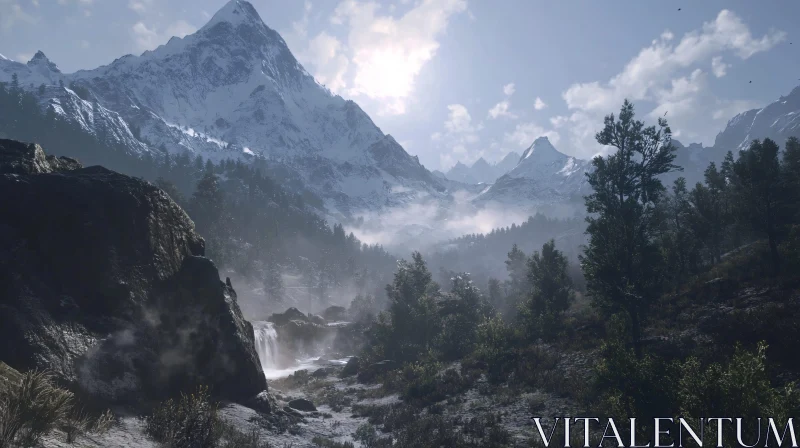 Peaceful Mountain Scene with Snow Peaks and Waterfall AI Image