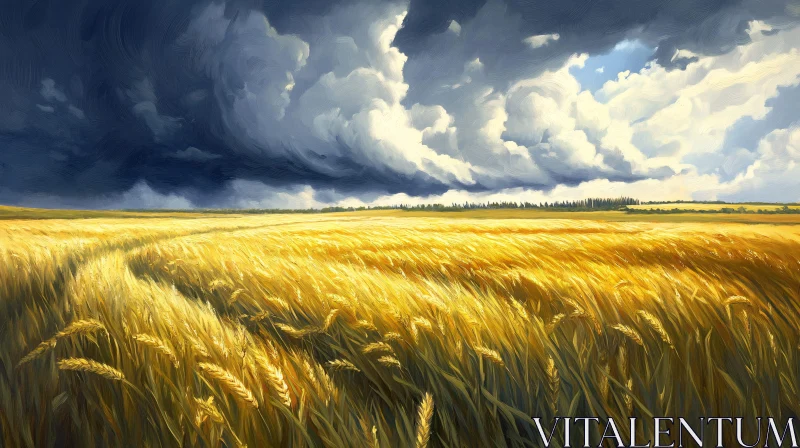 Stormy Sky Over Golden Wheat Field AI Image