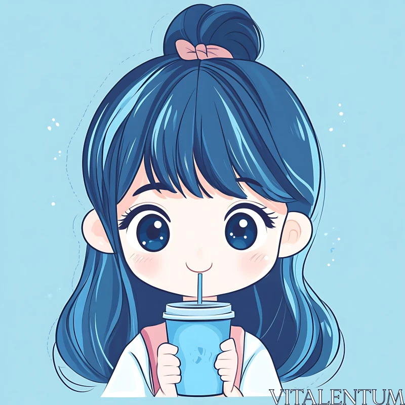 Anime Girl Sipping Drink with Sparkling Eyes AI Image