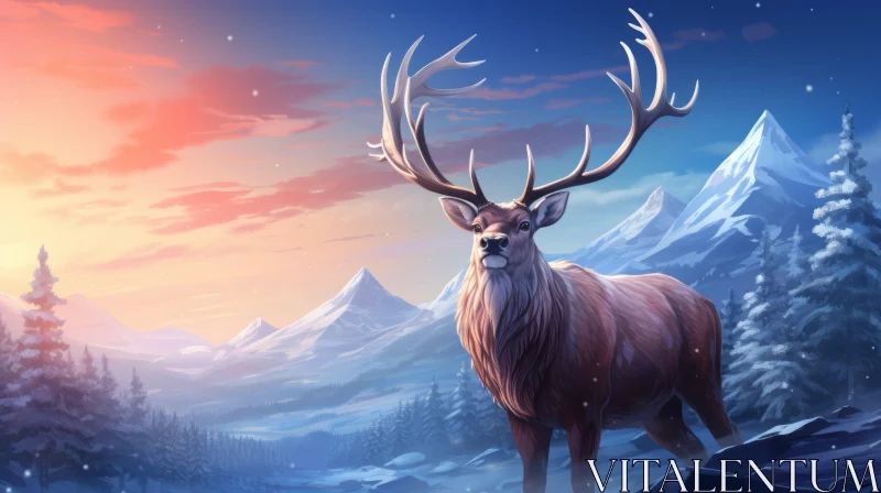 Fantasy Realism Art: A Deer in a Snowy Mountain Landscape AI Image