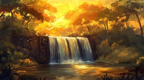 Sunlit Forest Waterfall